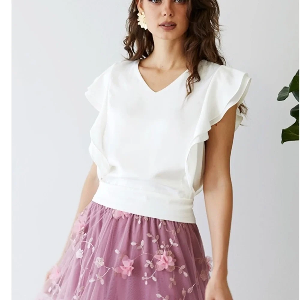 Chicwish Bowknot Waist Sleeveless Ruffle Crop Top Peach Pink NWT Small - Picture 3 of 5